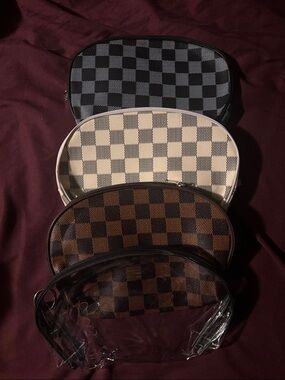 Checkered Cosmetic Pouch - Black, Cream, Brown, Clear